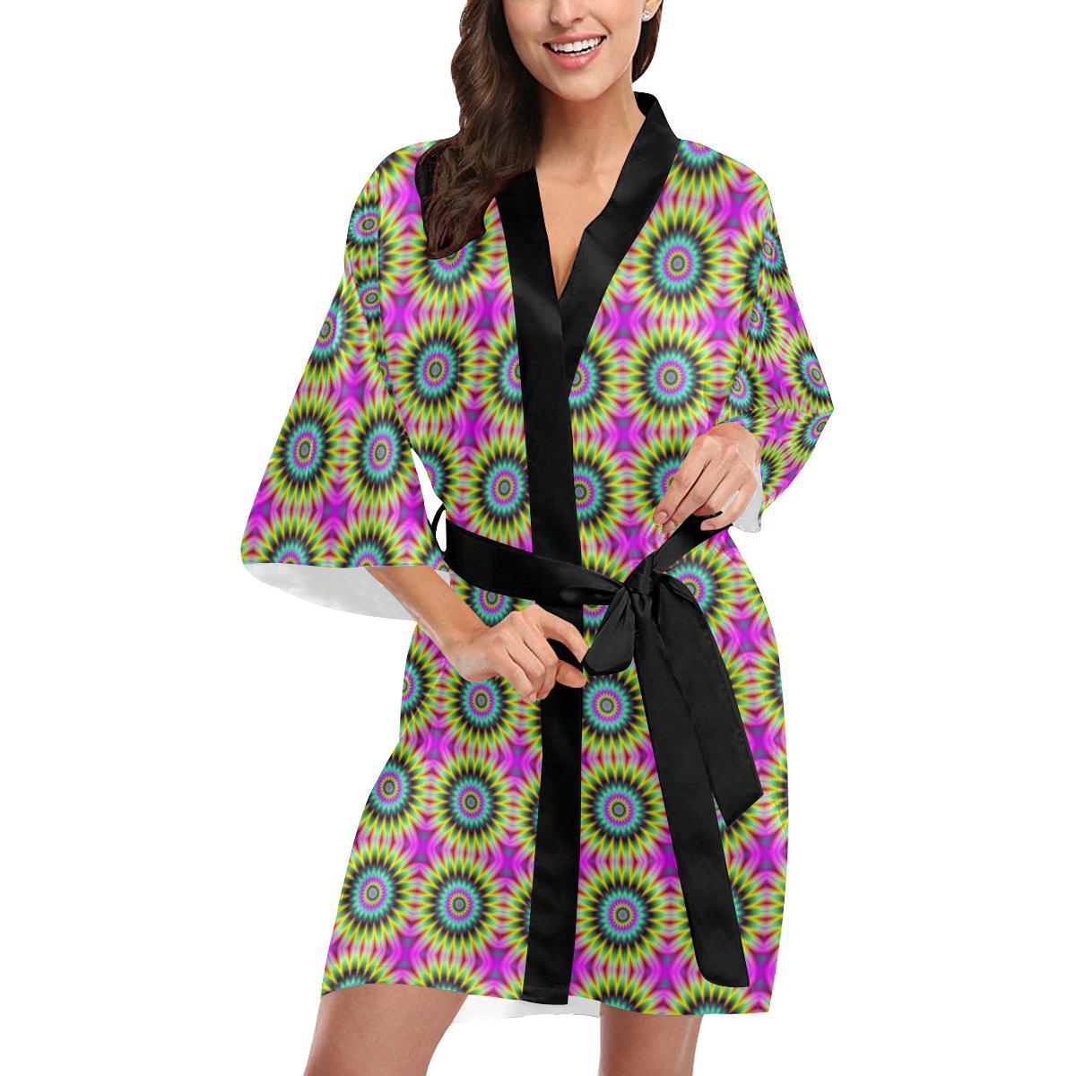 Optical illusion Flower Rainbow Style Women Short Kimono Robe