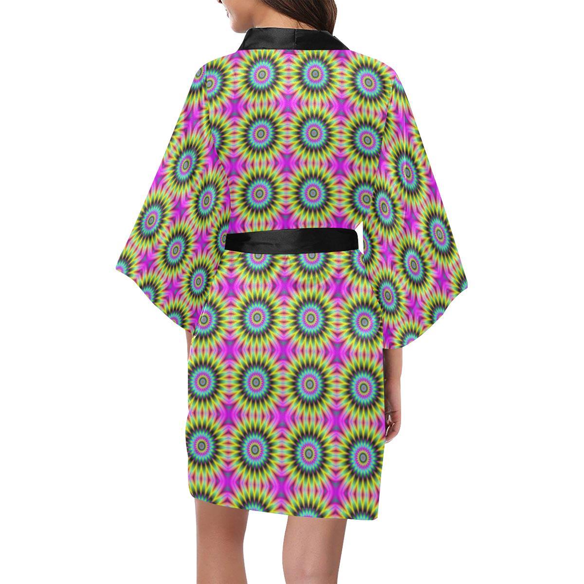 Optical illusion Flower Rainbow Style Women Short Kimono Robe