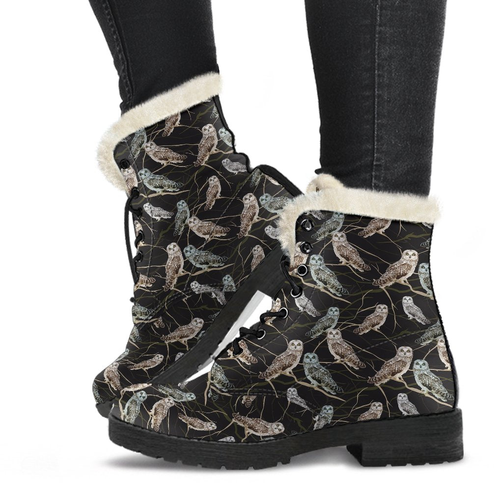 Owl Branch Themed Design Print Faux Fur Leather Boots-JTAMIGO.COM
