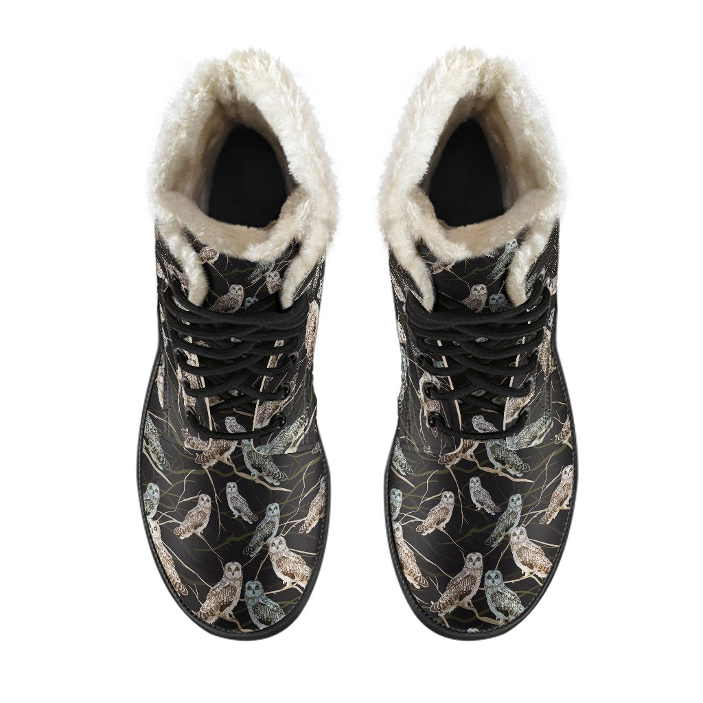Owl Branch Themed Design Print Faux Fur Leather Boots-JTAMIGO.COM