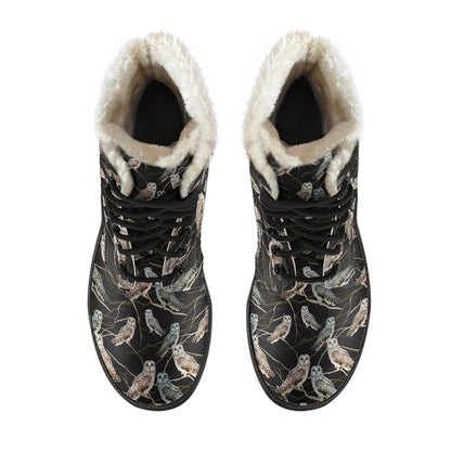 Owl Branch Themed Design Print Faux Fur Leather Boots-JTAMIGO.COM