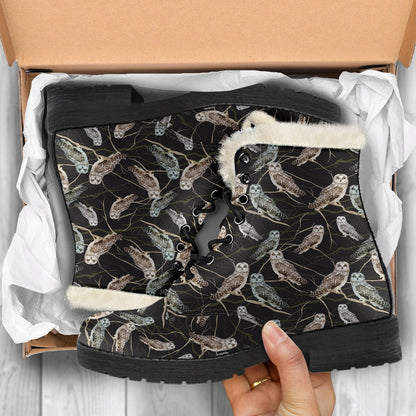 Owl Branch Themed Design Print Faux Fur Leather Boots-JTAMIGO.COM