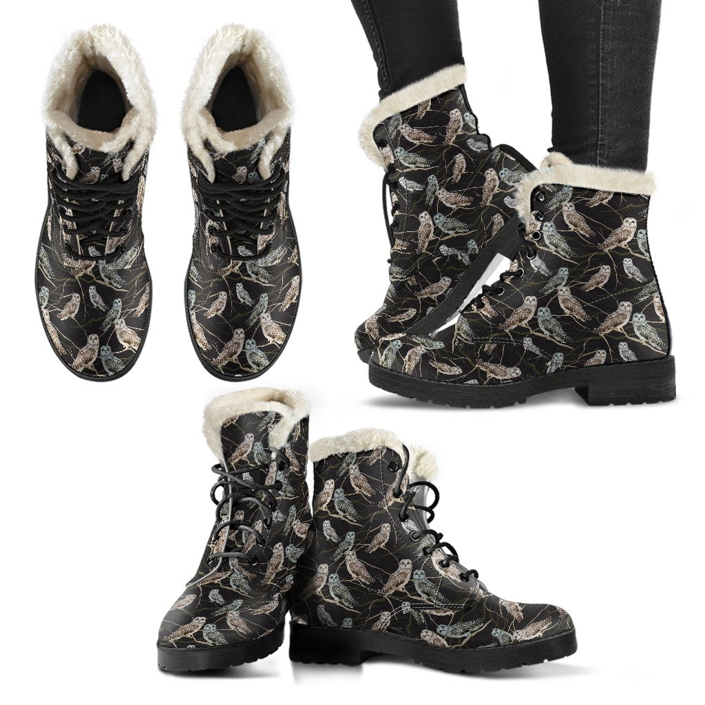 Owl Branch Themed Design Print Faux Fur Leather Boots-JTAMIGO.COM