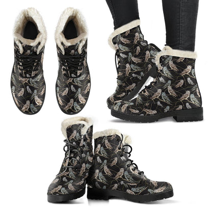 Owl Branch Themed Design Print Faux Fur Leather Boots-JTAMIGO.COM