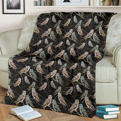 Owl Branch Themed Design Print Fleece Blanket