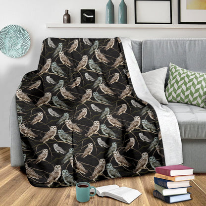 Owl Branch Themed Design Print Fleece Blanket