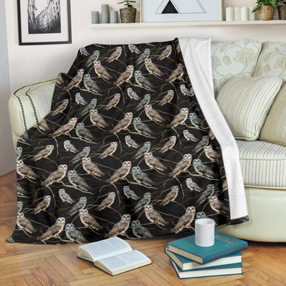 Owl Branch Themed Design Print Fleece Blanket