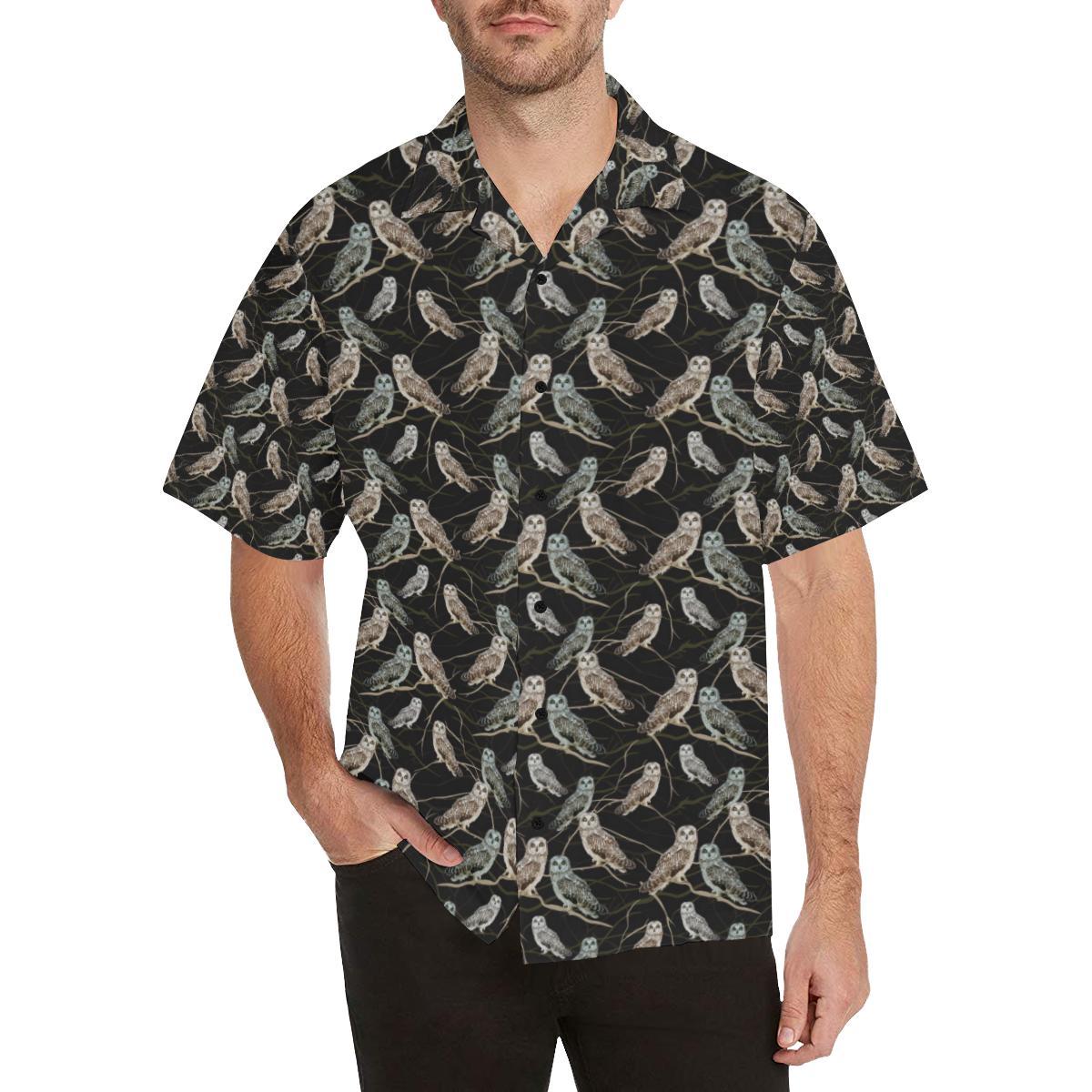 Owl Branch Themed Design Print Men Aloha Hawaiian Shirt