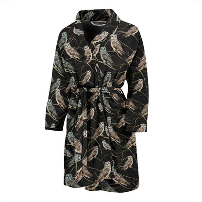 Owl Branch Themed Design Print Men Bath Robe-JTAMIGO.COM