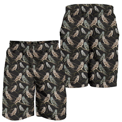 Owl Branch Themed Design Print Mens Shorts-JTAMIGO.COM