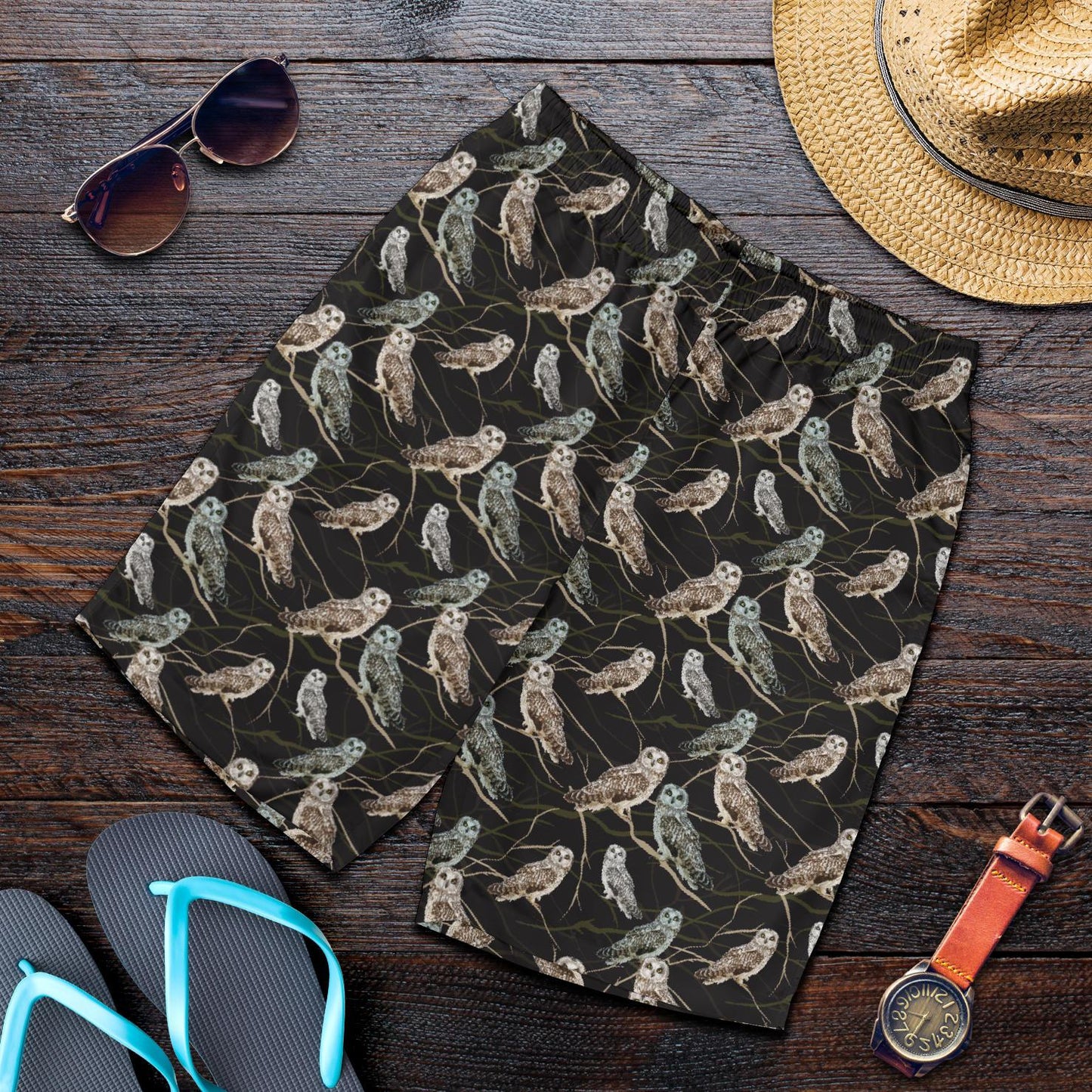 Owl Branch Themed Design Print Mens Shorts-JTAMIGO.COM