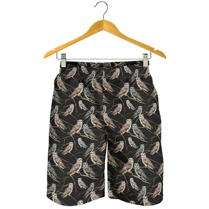 Owl Branch Themed Design Print Mens Shorts-JTAMIGO.COM