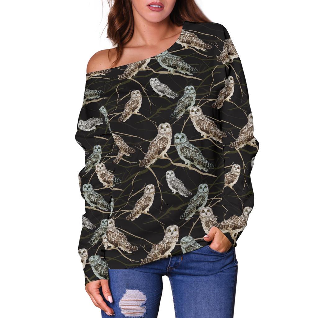 Owl Branch Themed Design Print Off Shoulder Sweatshirt