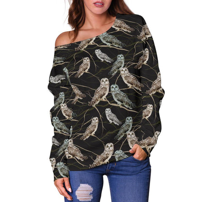 Owl Branch Themed Design Print Off Shoulder Sweatshirt
