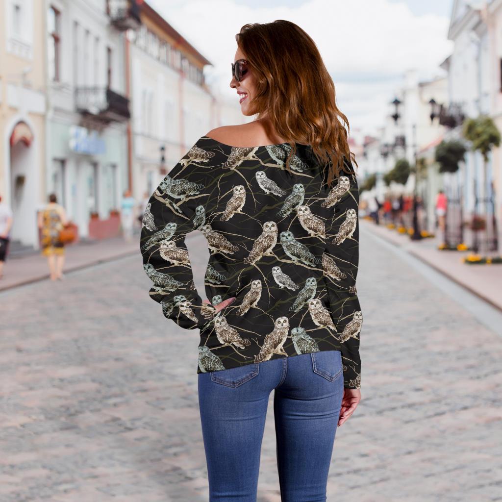 Owl Branch Themed Design Print Off Shoulder Sweatshirt