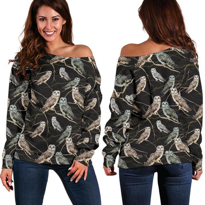 Owl Branch Themed Design Print Off Shoulder Sweatshirt