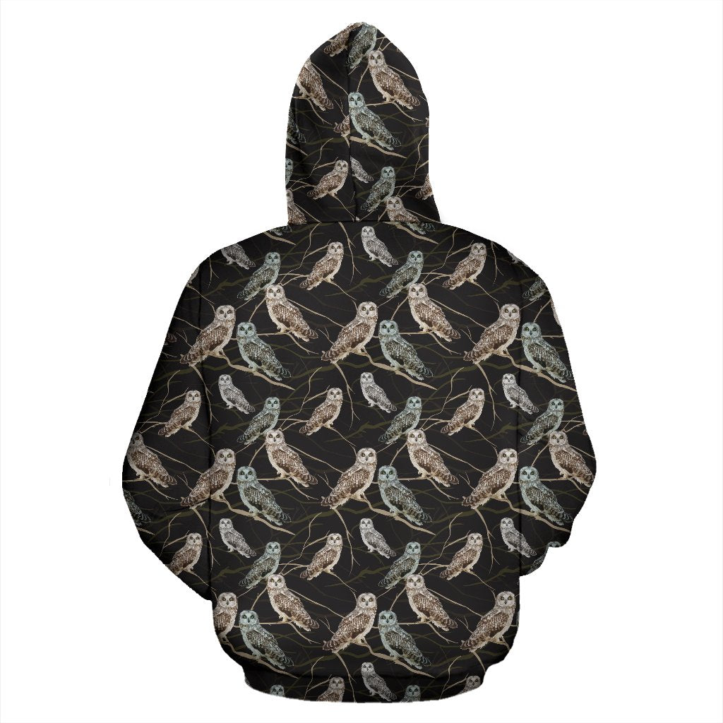 Owl Branch Themed Design Print Pullover Hoodie