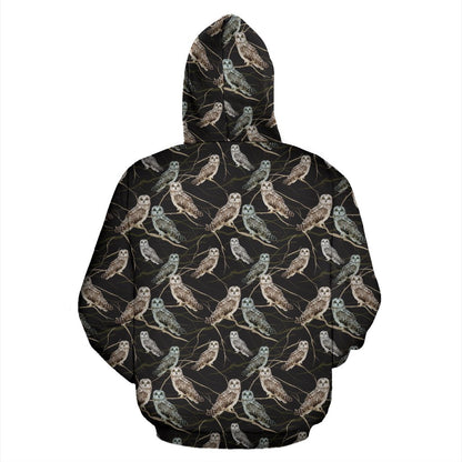 Owl Branch Themed Design Print Pullover Hoodie