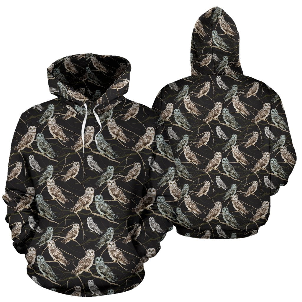 Owl Branch Themed Design Print Pullover Hoodie