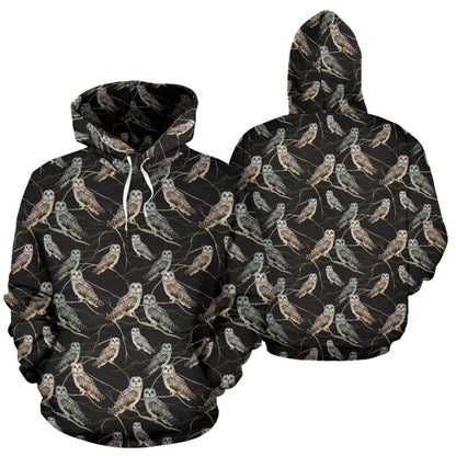 Owl Branch Themed Design Print Pullover Hoodie