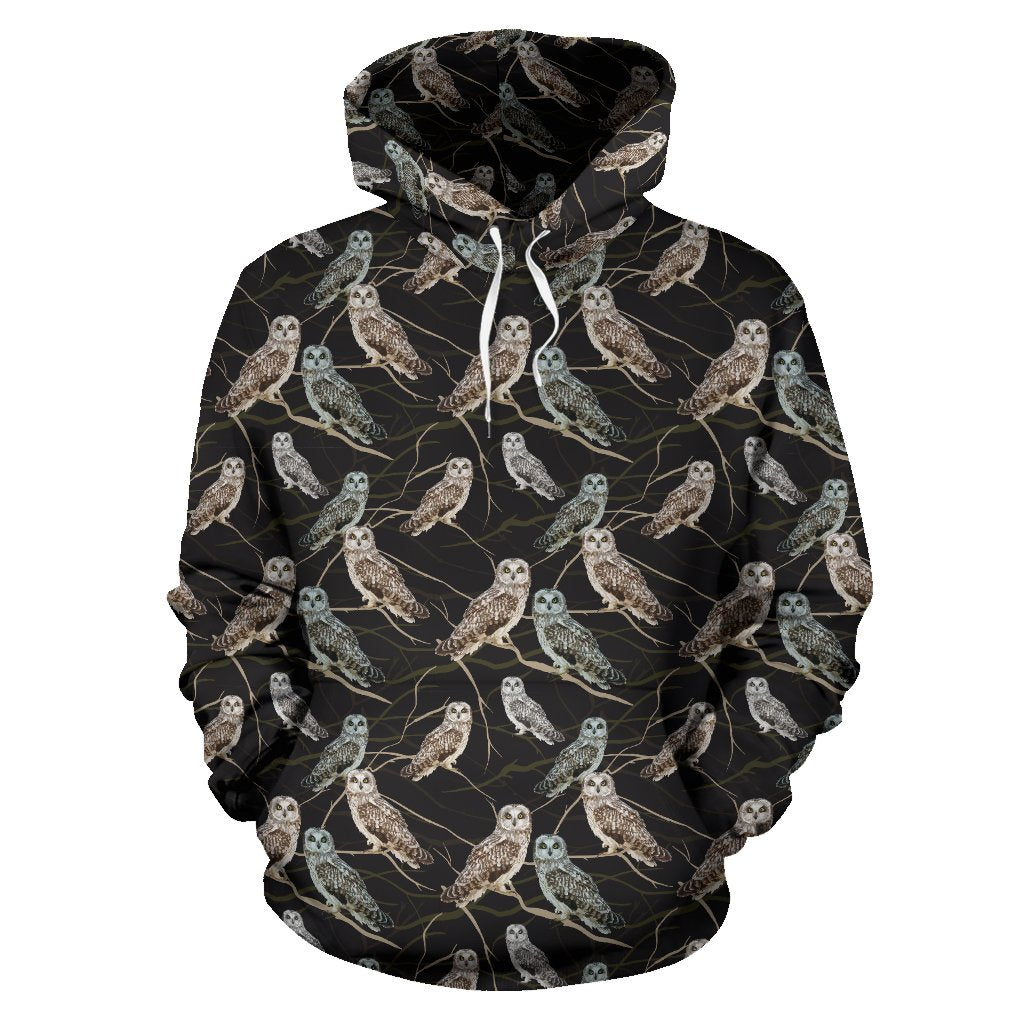 Owl Branch Themed Design Print Pullover Hoodie