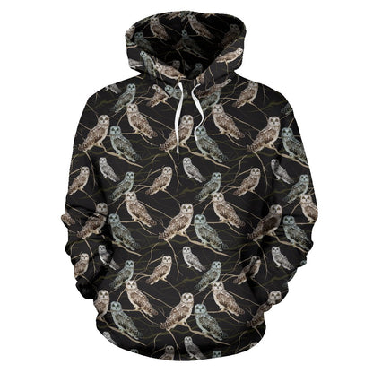 Owl Branch Themed Design Print Pullover Hoodie