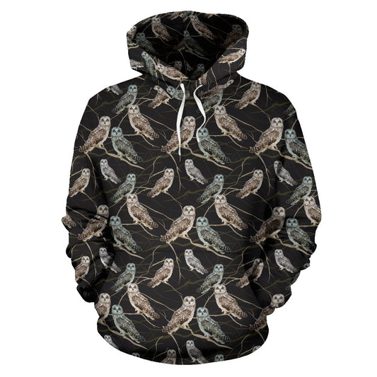 Owl Branch Themed Design Print Pullover Hoodie