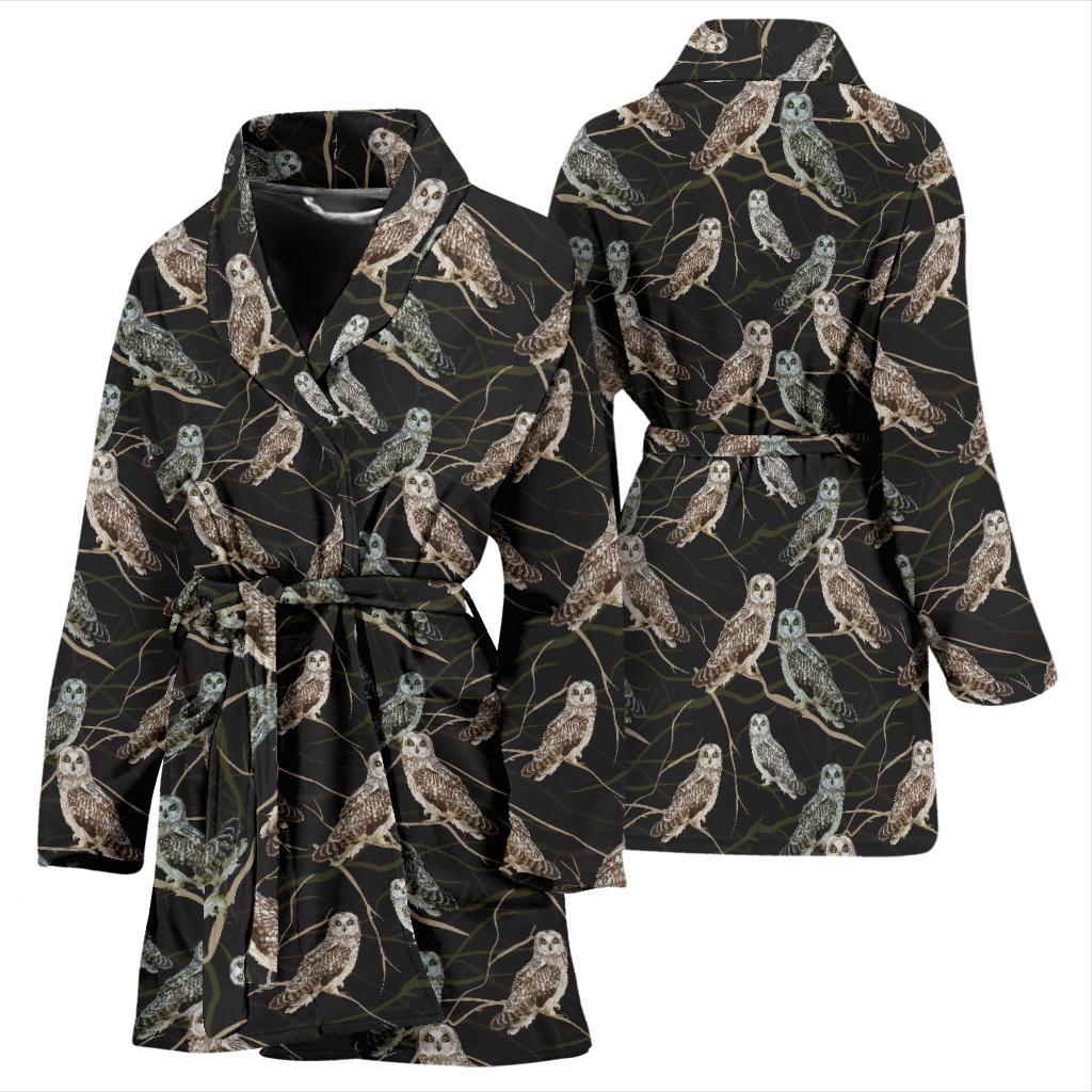 Owl Branch Themed Design Print Women Bath Robe-JTAMIGO.COM
