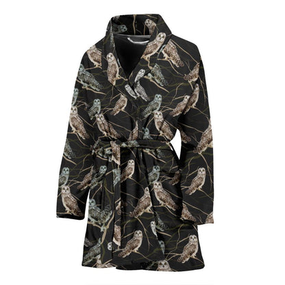 Owl Branch Themed Design Print Women Bath Robe-JTAMIGO.COM