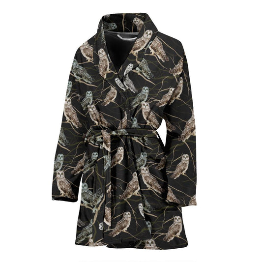 Owl Branch Themed Design Print Women Bath Robe-JTAMIGO.COM