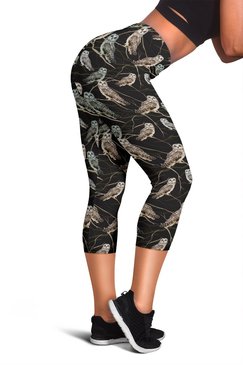 Owl Branch Themed Design Print Women Capris