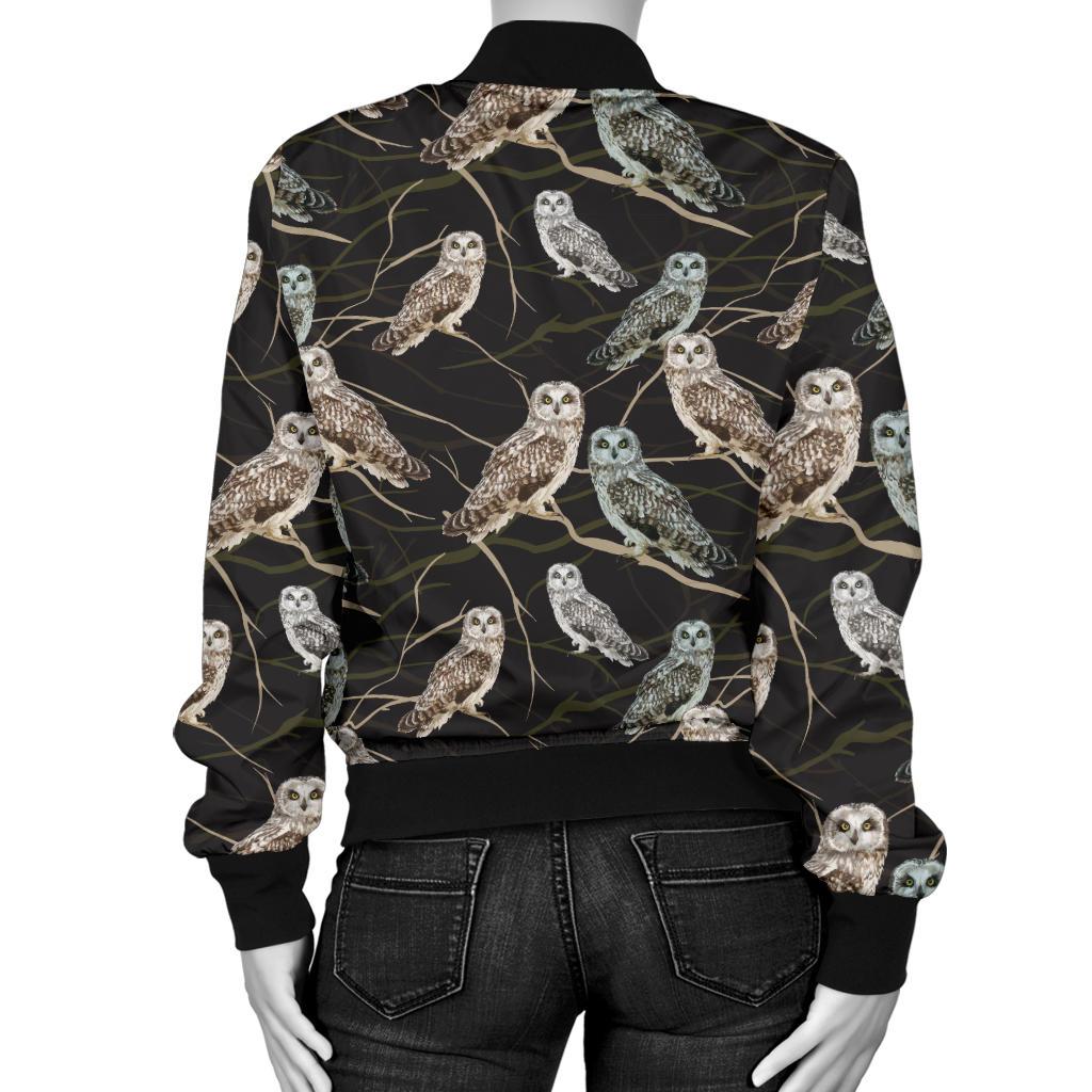 Owl Branch Themed Design Print Women Casual Bomber Jacket
