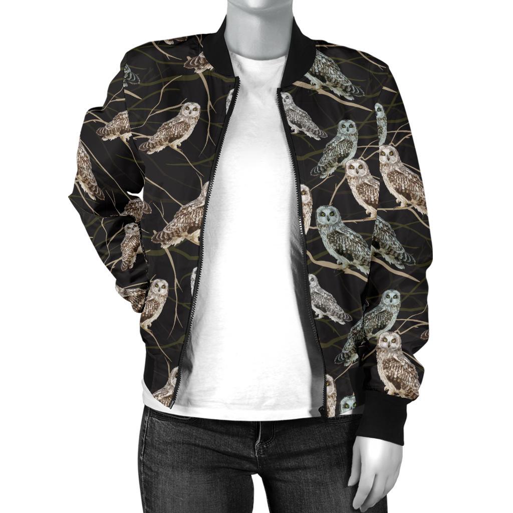 Owl Branch Themed Design Print Women Casual Bomber Jacket