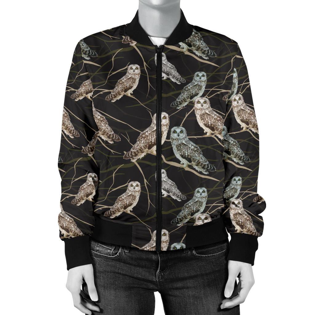 Owl Branch Themed Design Print Women Casual Bomber Jacket