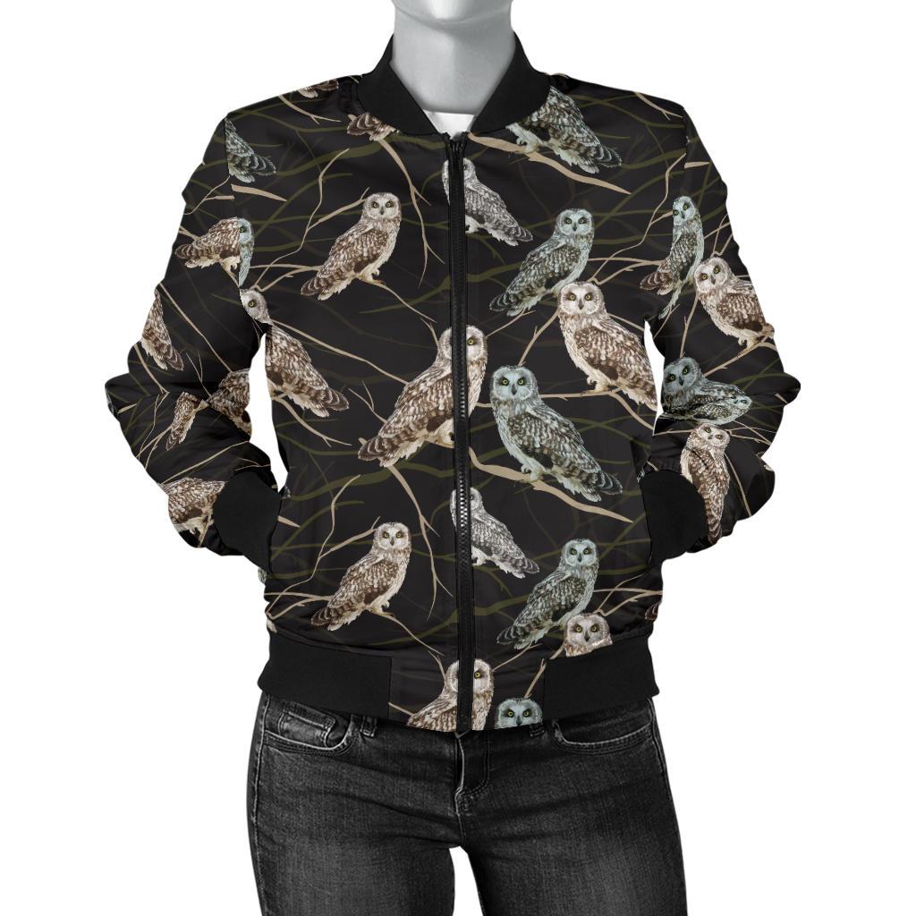 Owl Branch Themed Design Print Women Casual Bomber Jacket