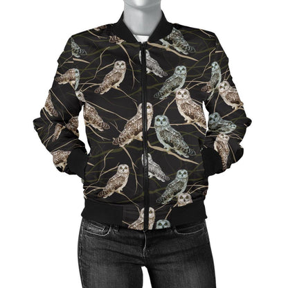 Owl Branch Themed Design Print Women Casual Bomber Jacket