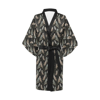 Owl Branch Themed Design Print Women Short Kimono Robe