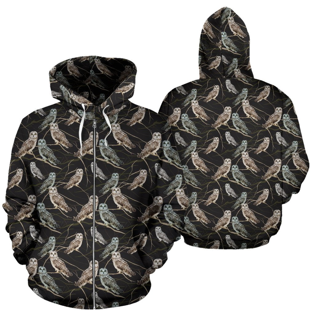 Owl Branch Themed Design Print Zip Up Hoodie