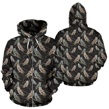 Owl Branch Themed Design Print Zip Up Hoodie