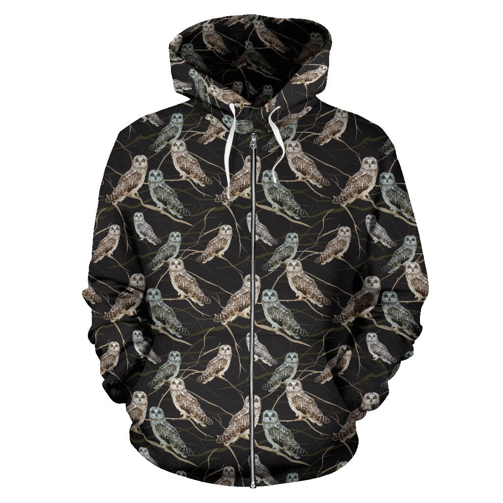 Owl Branch Themed Design Print Zip Up Hoodie