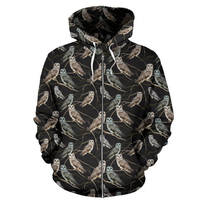 Owl Branch Themed Design Print Zip Up Hoodie