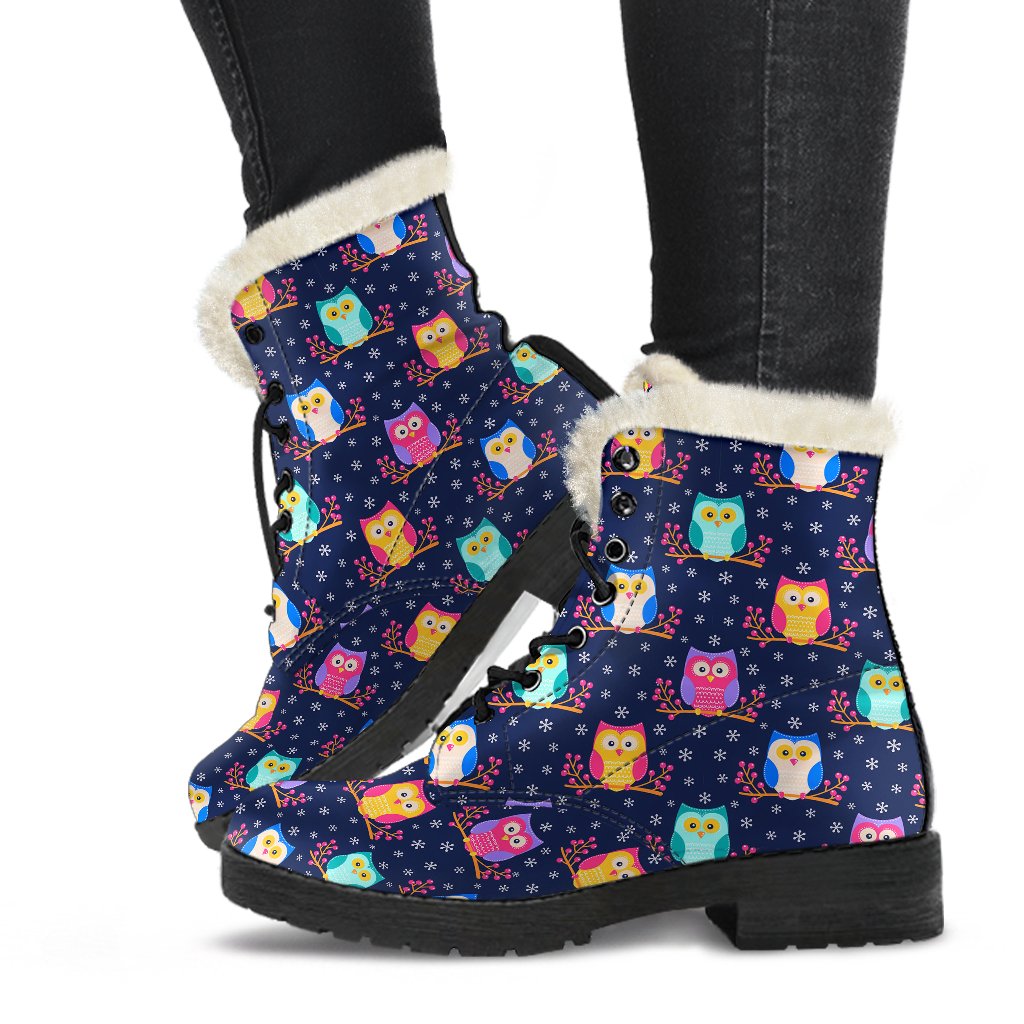 Owl Cute Themed Design Print Faux Fur Leather Boots-JTAMIGO.COM