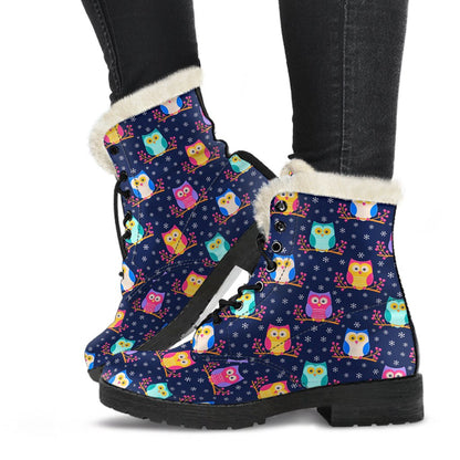 Owl Cute Themed Design Print Faux Fur Leather Boots-JTAMIGO.COM