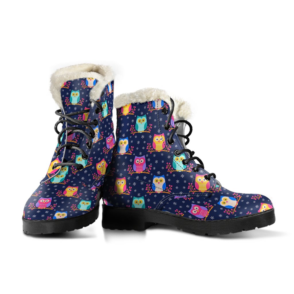 Owl Cute Themed Design Print Faux Fur Leather Boots-JTAMIGO.COM