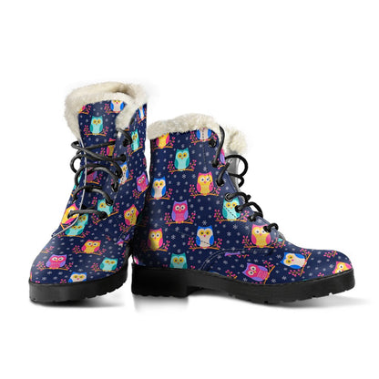 Owl Cute Themed Design Print Faux Fur Leather Boots-JTAMIGO.COM