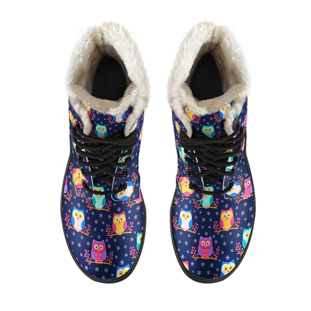 Owl Cute Themed Design Print Faux Fur Leather Boots-JTAMIGO.COM