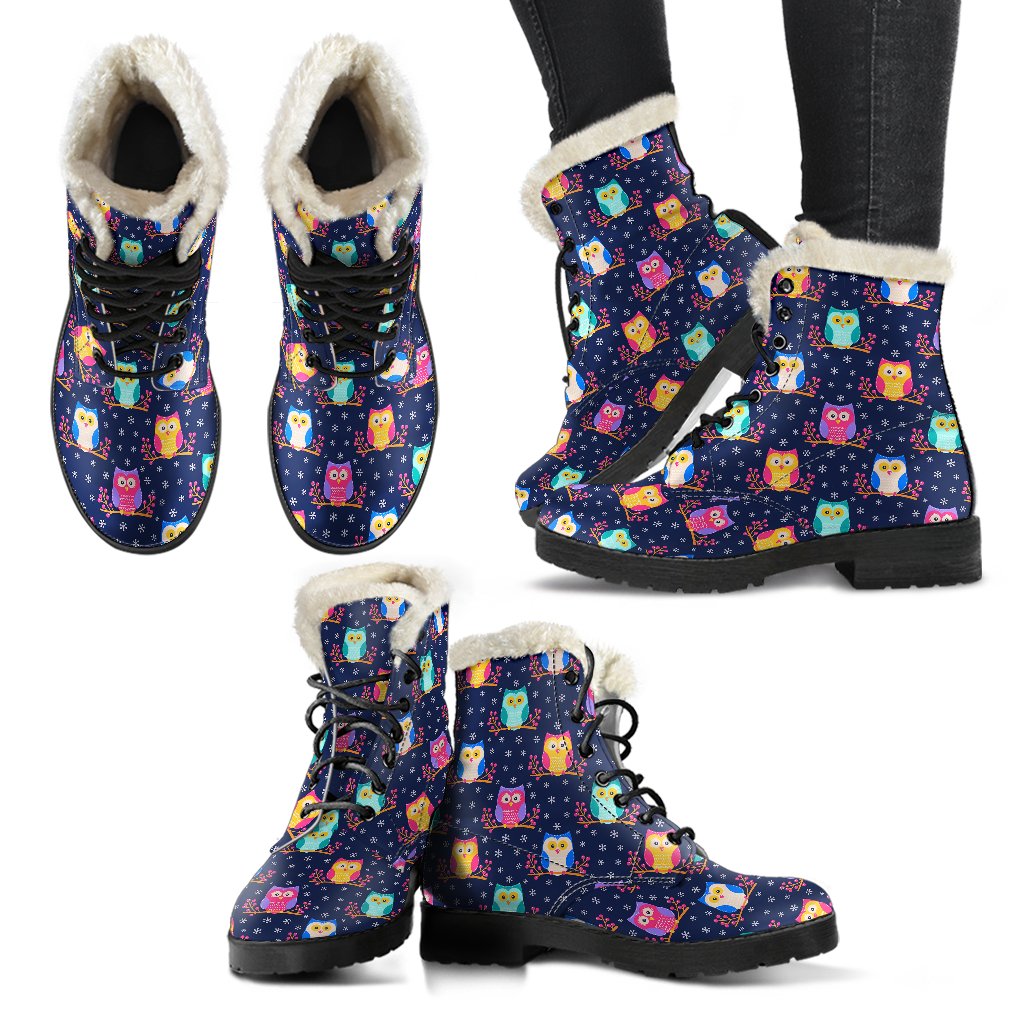 Owl Cute Themed Design Print Faux Fur Leather Boots-JTAMIGO.COM