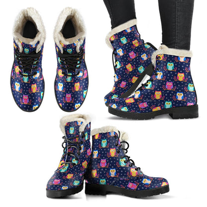 Owl Cute Themed Design Print Faux Fur Leather Boots-JTAMIGO.COM