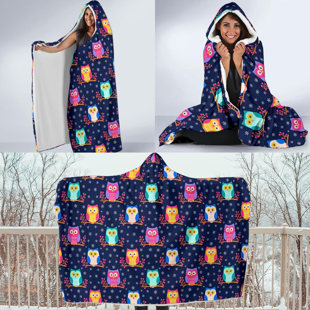 Owl Cute Themed Design Print Hooded Blanket-JTAMIGO.COM