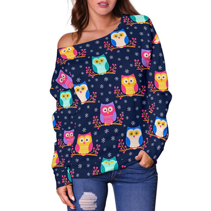 Owl Cute Themed Design Print Off Shoulder Sweatshirt
